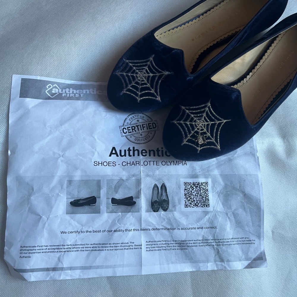Charlotte Olympia Navy Velvet Spider Web Embroidered Flats - Picture 9 of 9